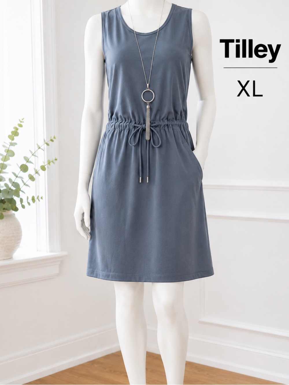 Tilley Blue Travel Dress XL | Drawstring Waist | Pockets